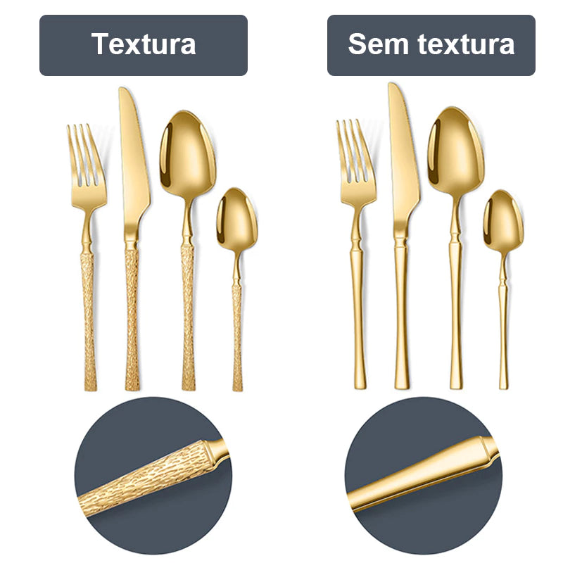 Faqueiro Luxo Premium Gold 24 Peças - Textura Esculpida