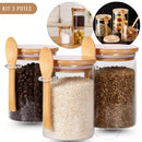 Kit de Potes de Vidro Borossilicato e Tampa de Bambu