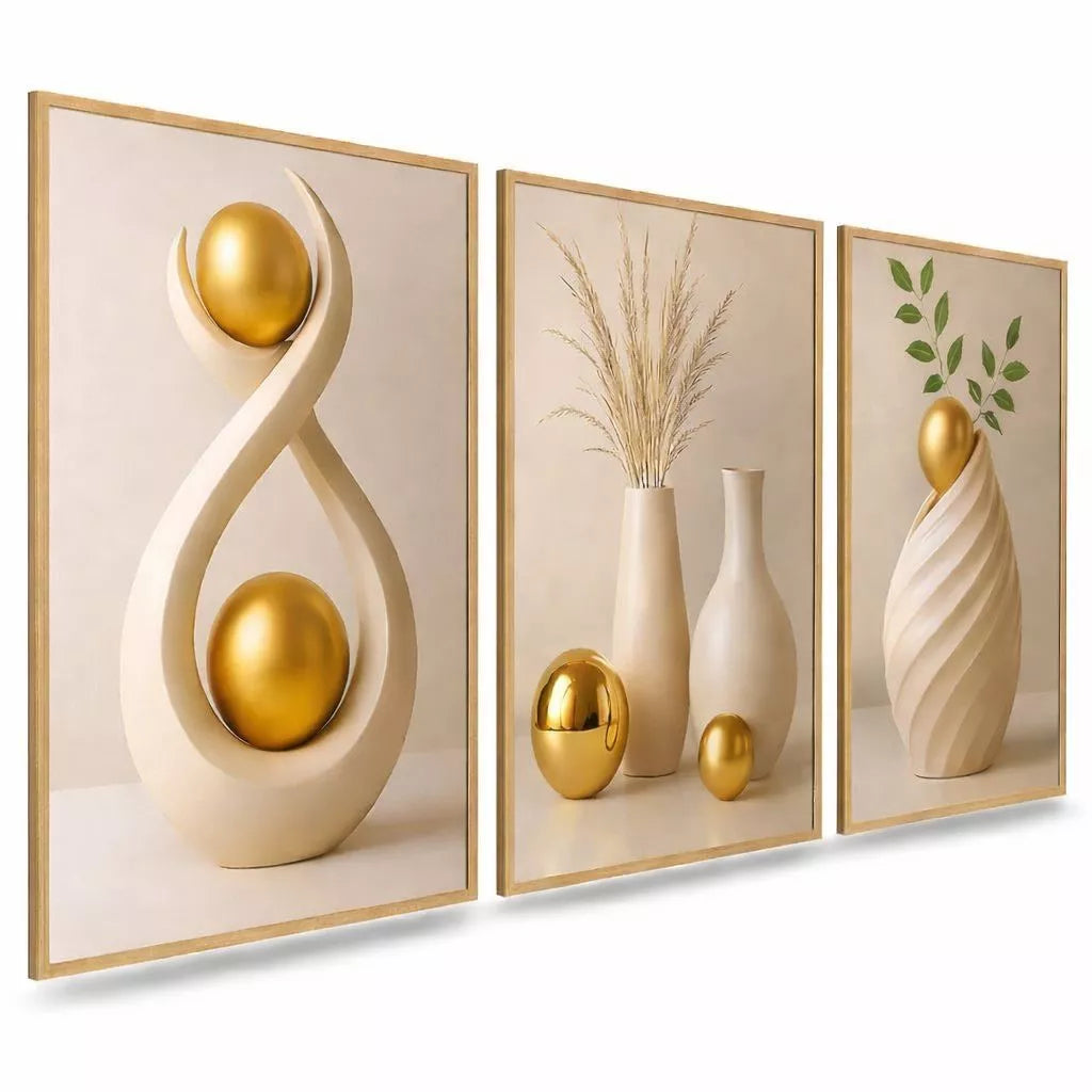 Quadro Decorativo 3 Peças Abstrato Geométrico Moderno Estilo Zen